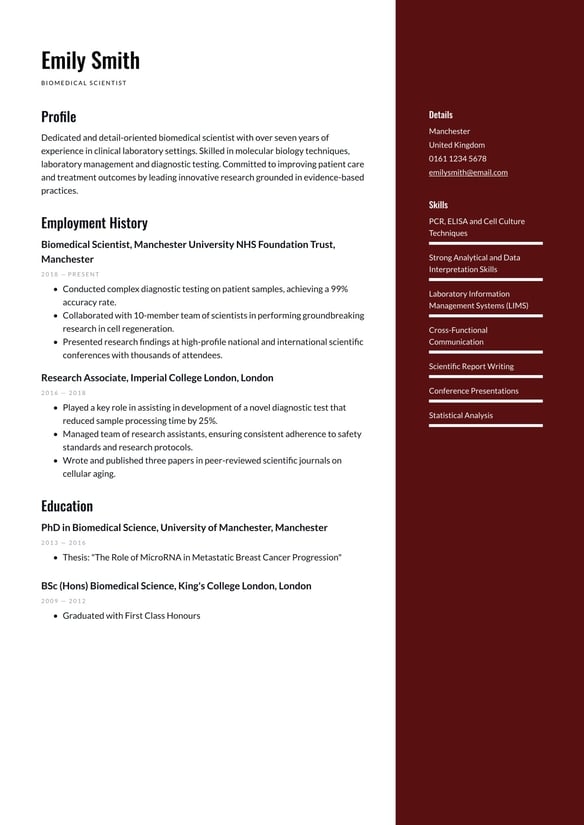 Biomedical Scientist resume example