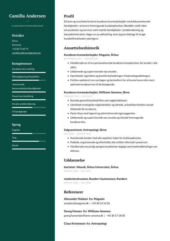 Kundeservicemedarbejder resume example