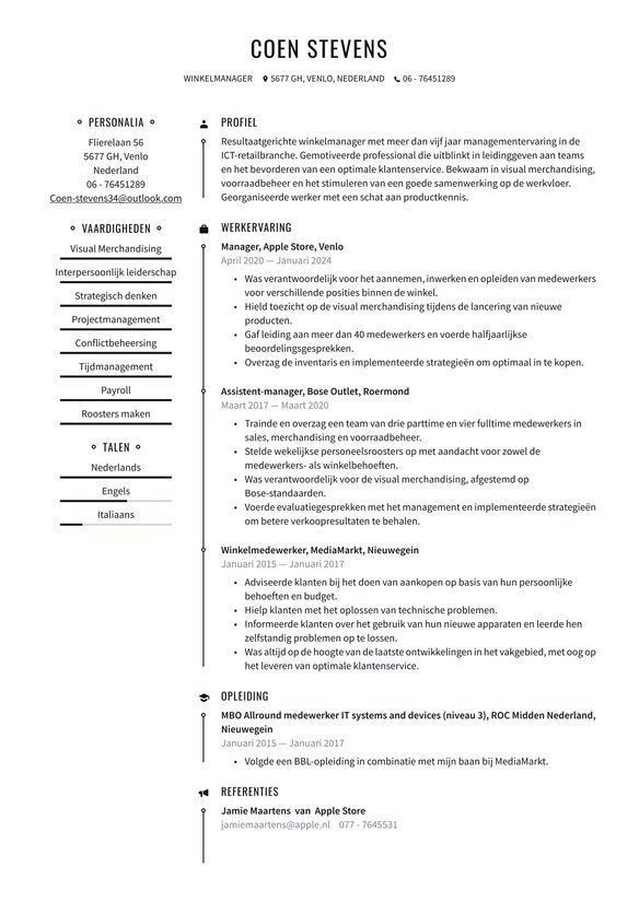 Winkelmanager resume example