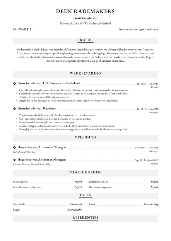 Financieel adviseur resume example