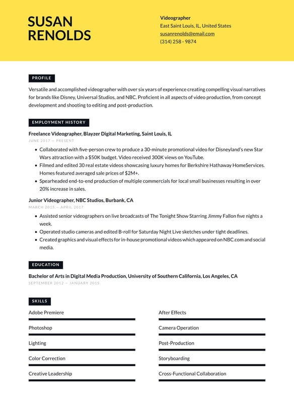 Videographer resume example
