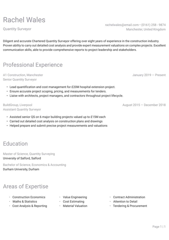 Quantity Surveyor resume example