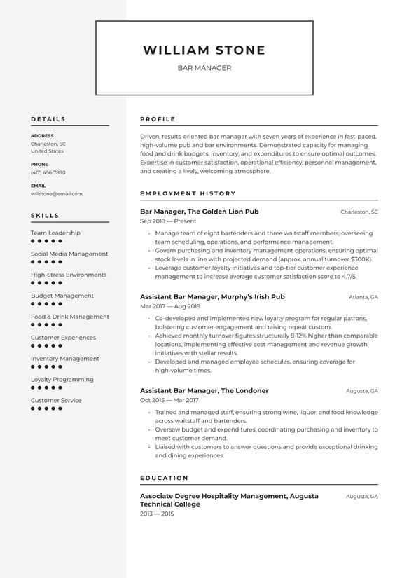 Bar Manager resume example