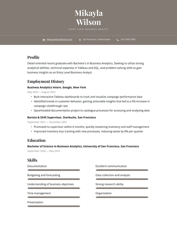 Entry Level Business Analyst resume example