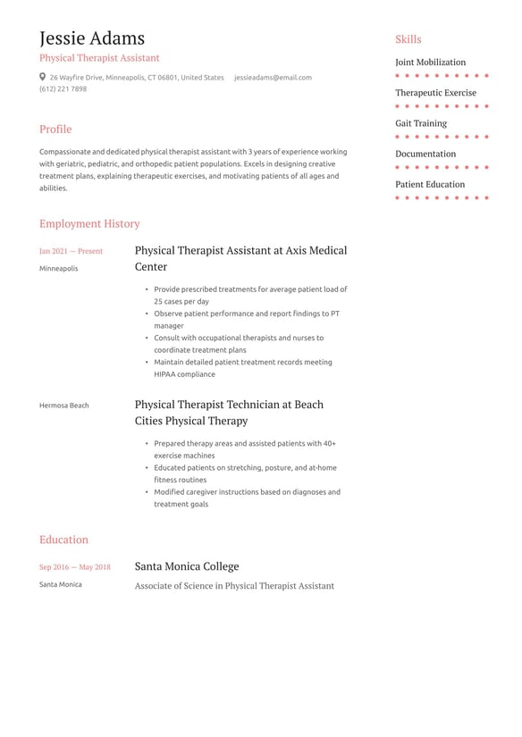 Physical Therapist Assistant resume example