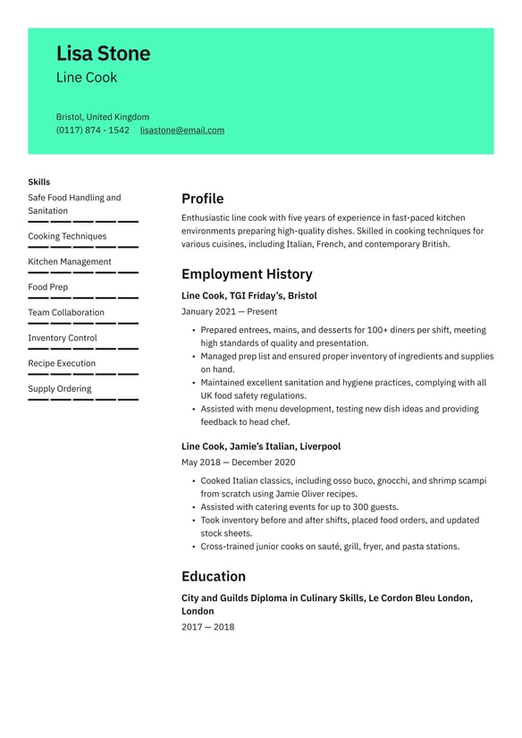 Line Cook resume example