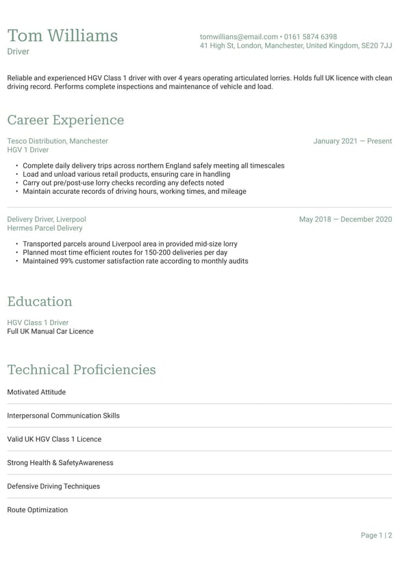 Driver resume example