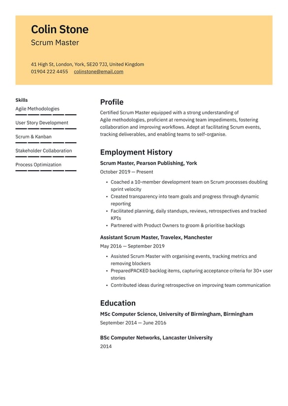 Scrum Master resume example