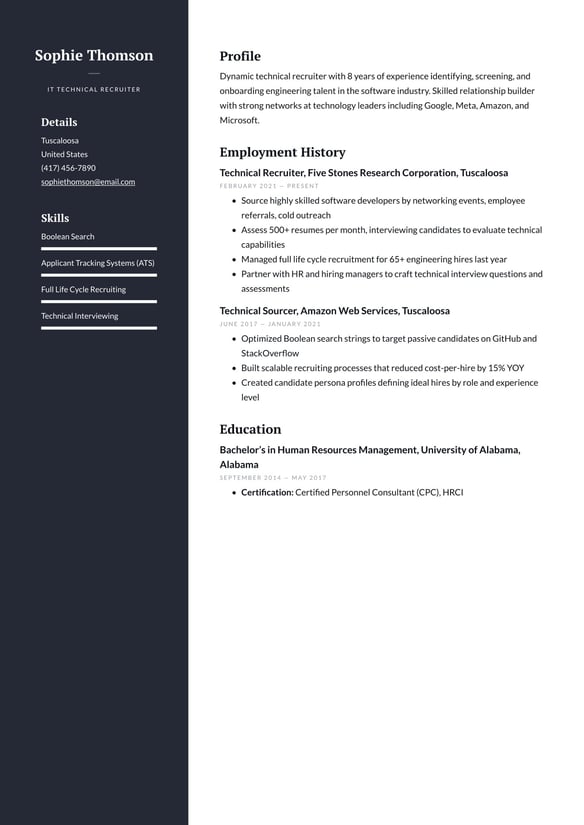 Technical Recruiter resume example