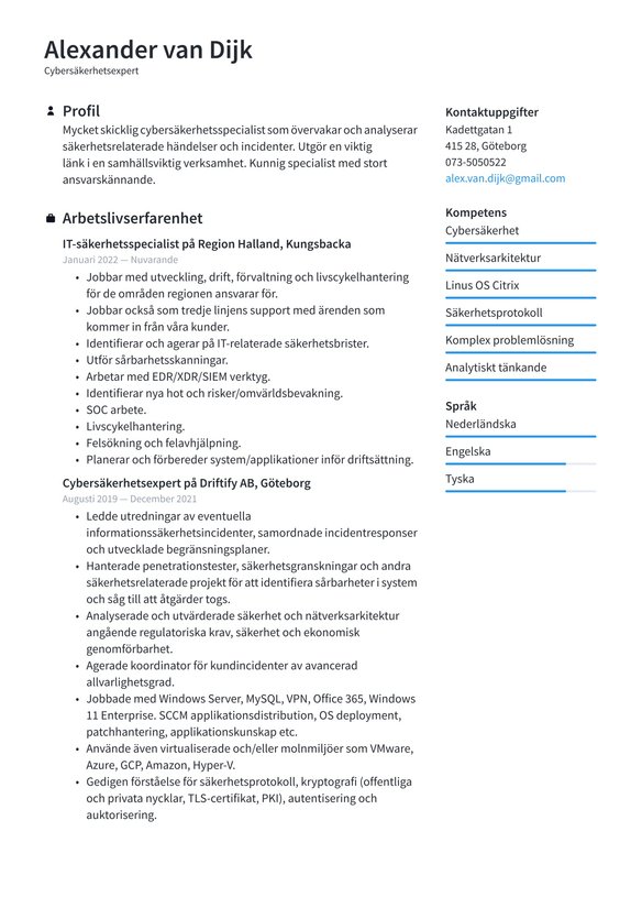 Cybers&auml;kerhetsexpert resume example