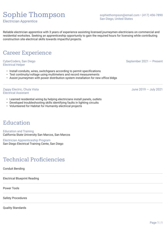 Electrician Apprentice resume example