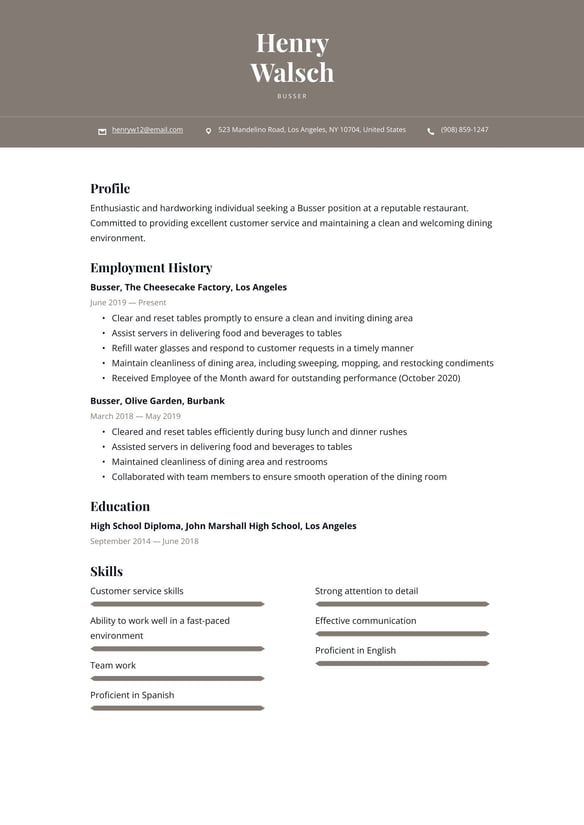 Busser resume example