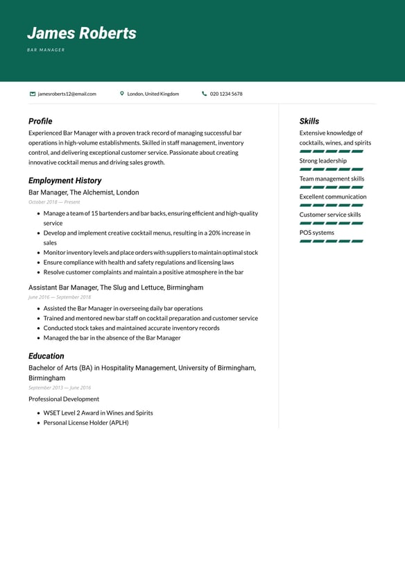 Bar Manager resume example