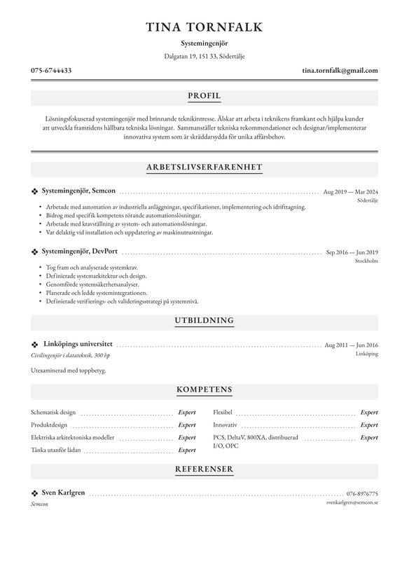 Systemingenj&ouml;r  resume example