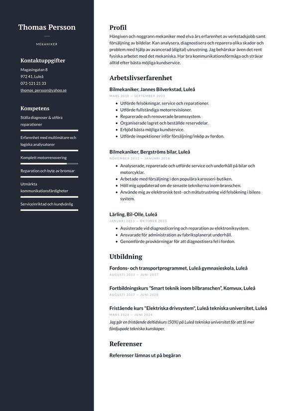 Mekaniker resume example