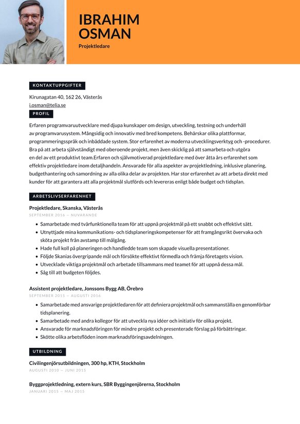 Projektledare resume example