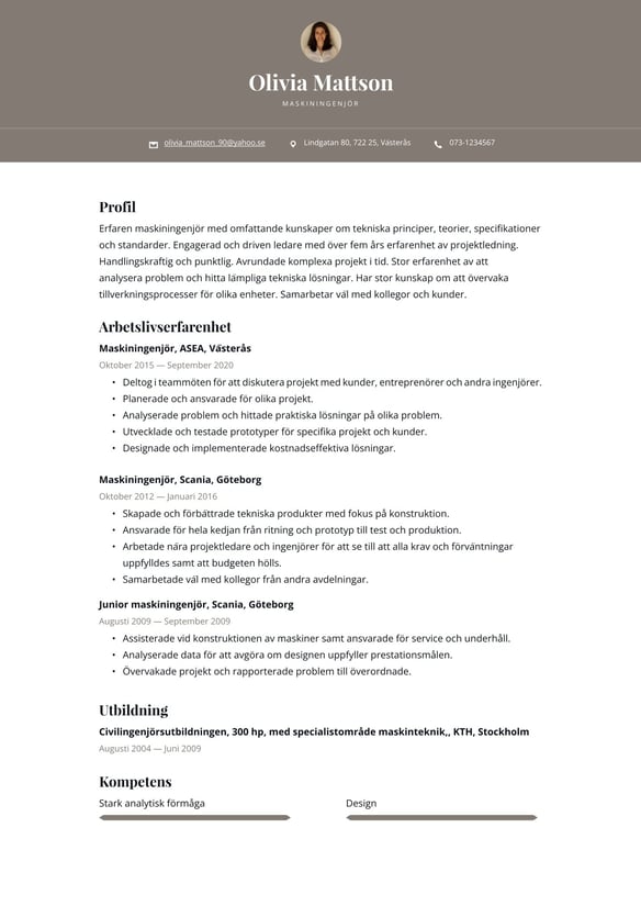 Maskiningenjör resume example