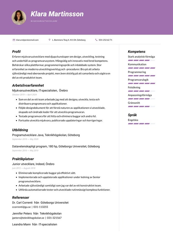Mjukvaruutvecklare resume example