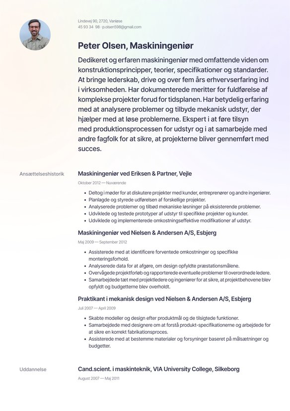 Maskiningeniør resume example