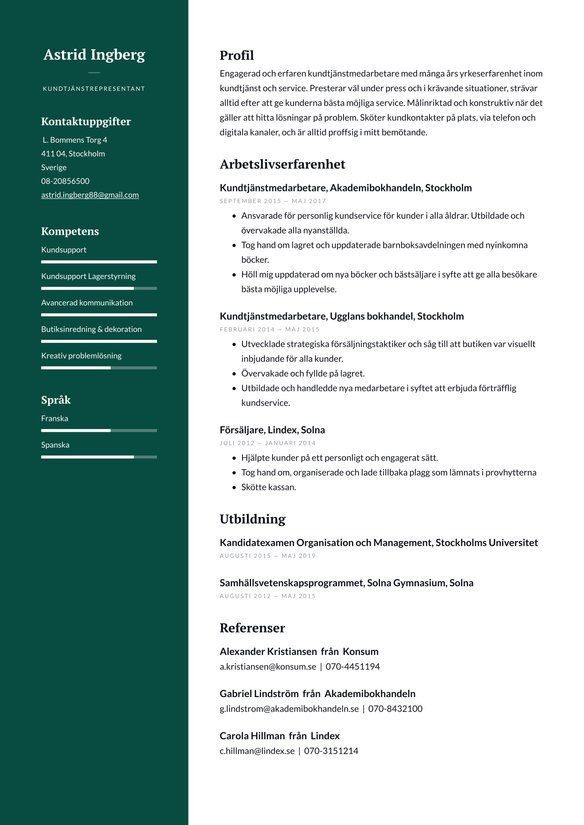 Kundtj&auml;nstrepresentant resume example
