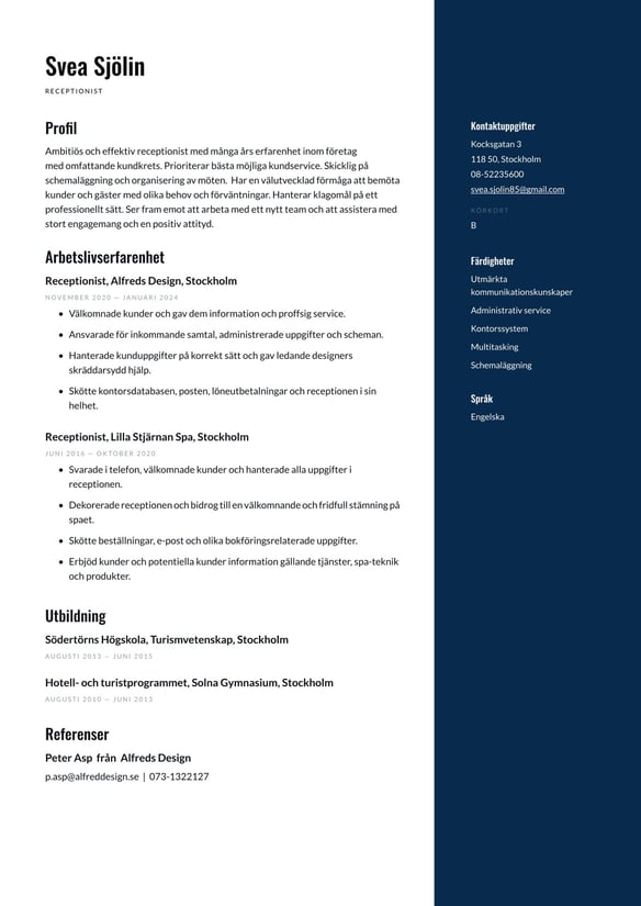 Receptionist resume example