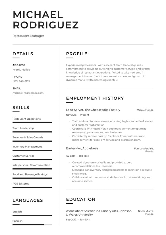 Restaurant resume example