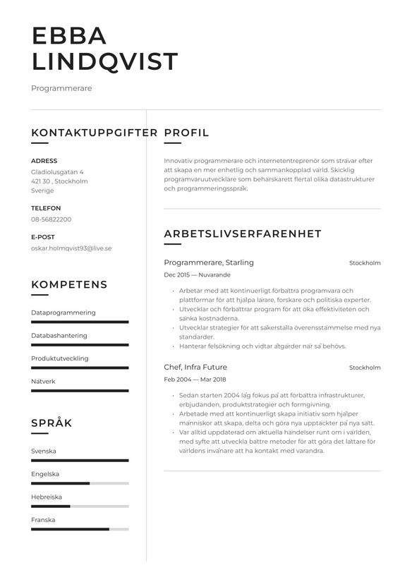 Programmerare resume example