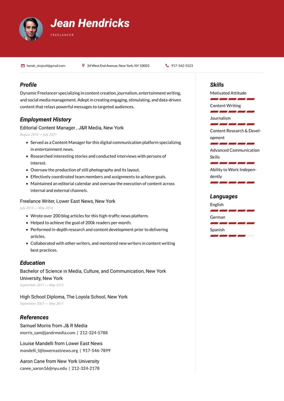 Freelancer resume example