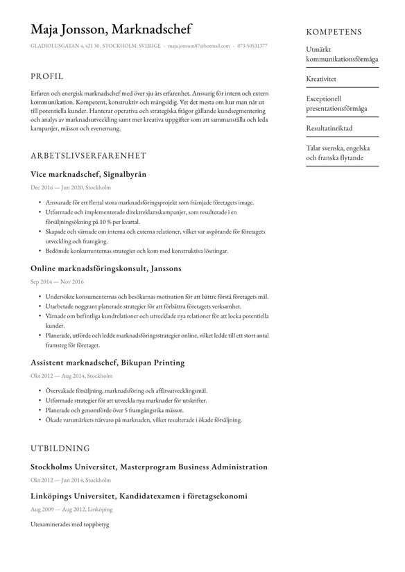 Marknadsf&ouml;ringschef resume example