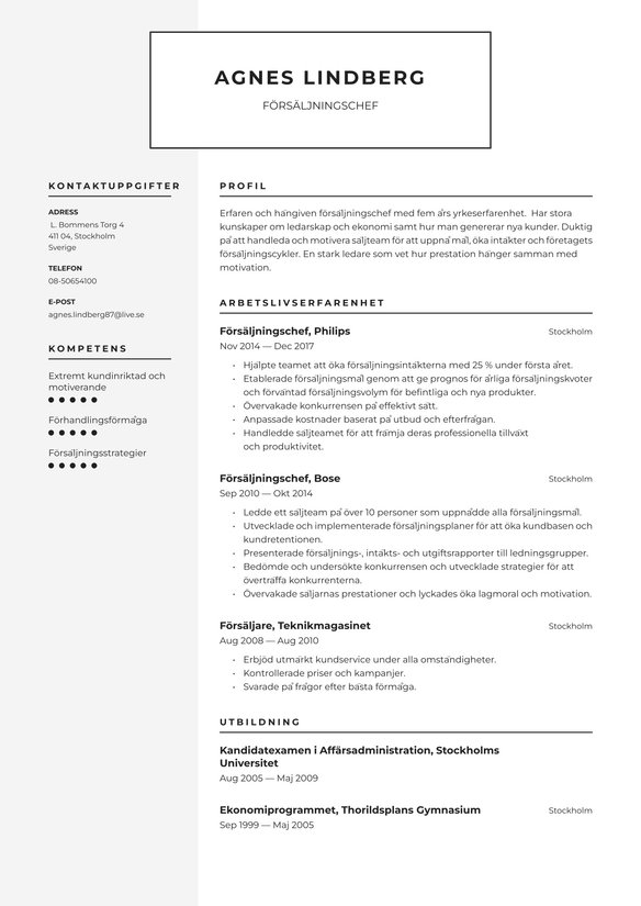F&ouml;rs&auml;ljningschef resume example
