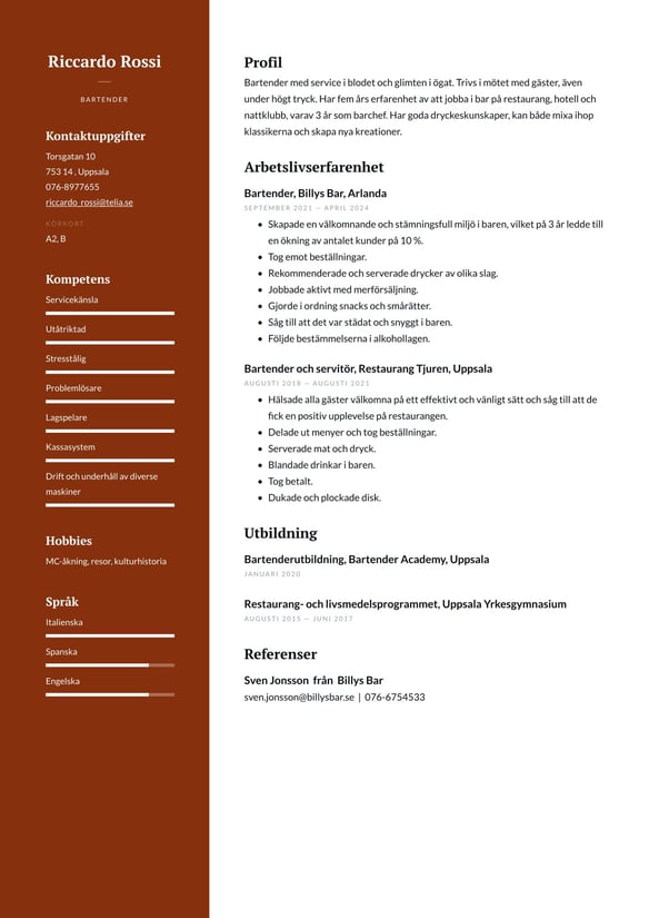 Bartender resume example