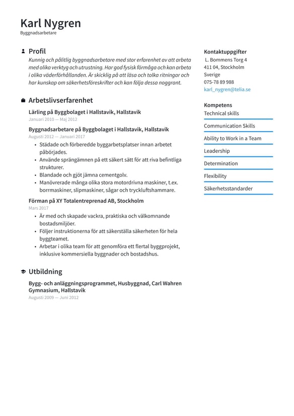 Byggnadsarbetare resume example