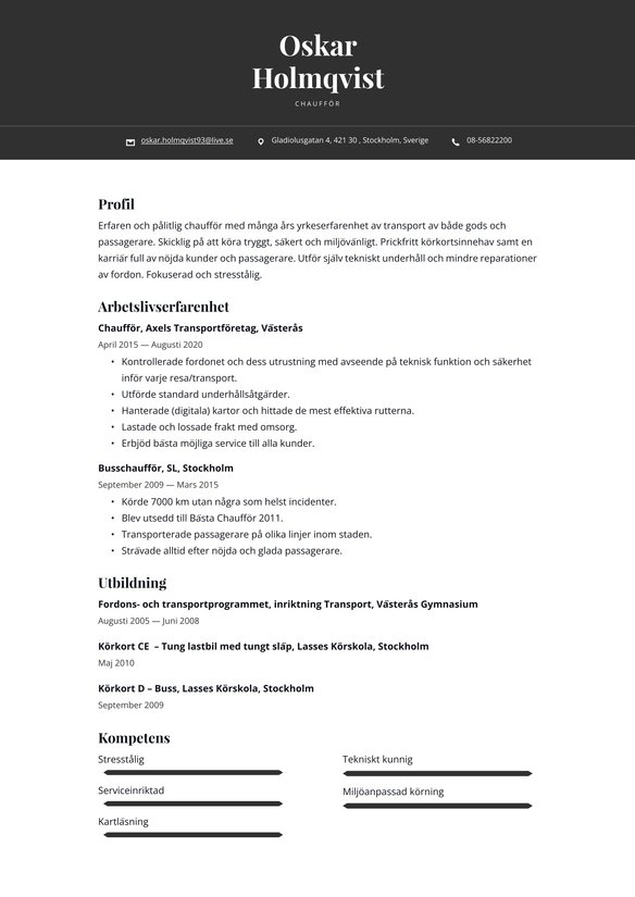 Chauff&ouml;r resume example
