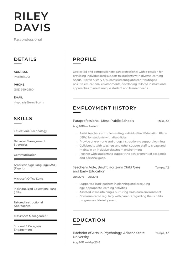 Paraprofessional resume example