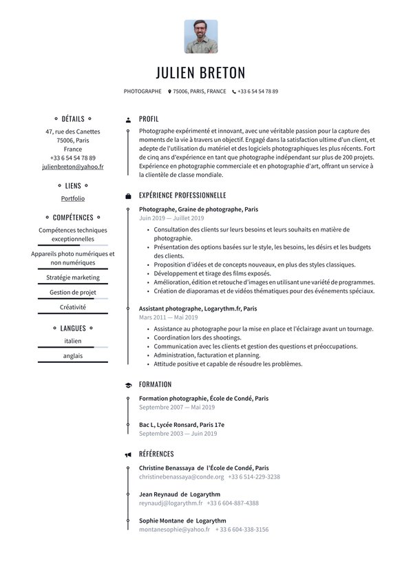 photographe resume example