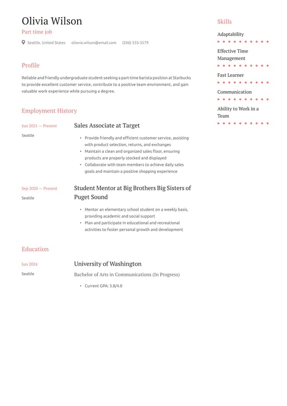 Part-time Job resume example