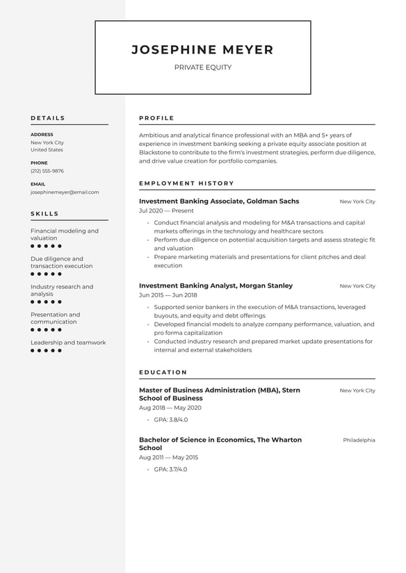 Private Equity resume example