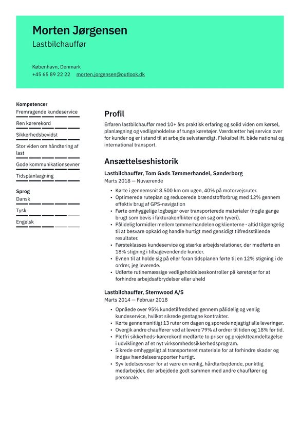 Lastbilchauffør resume example