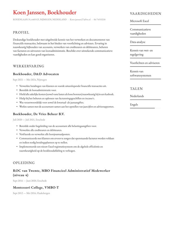 Boekhouder resume example