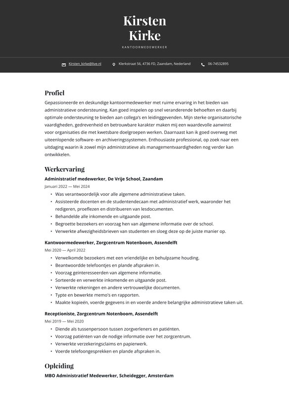 Kantoormedewerker resume example
