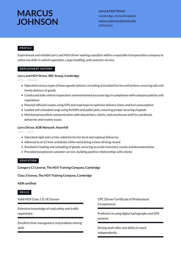 Lorry & HGV Driver resume example