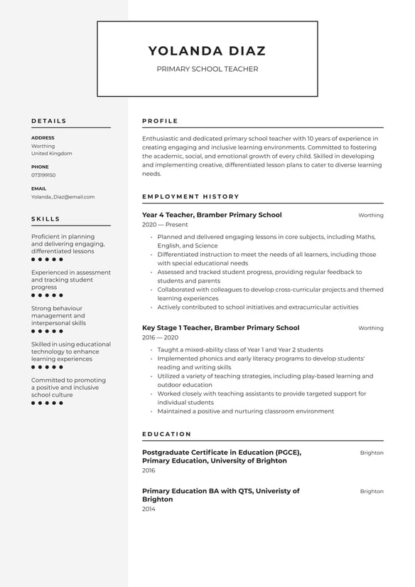 Primary School Teacher resume example