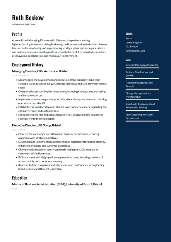 Managing Director resume example