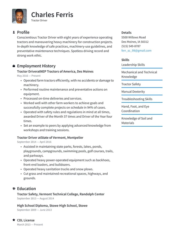 Tractor Driver resume example