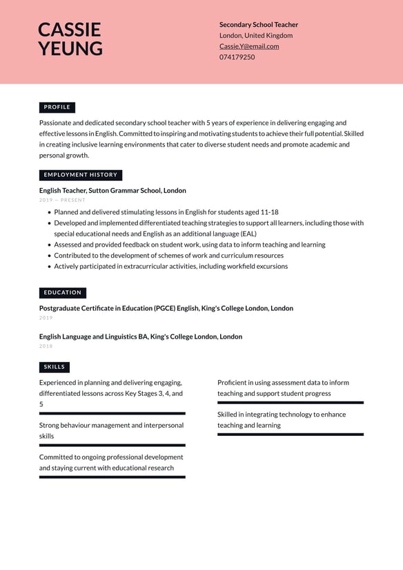 Secondary School Teacher resume example