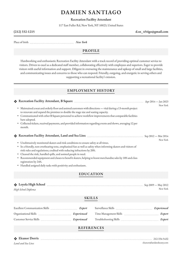 Recreational Facility Attendant  resume example