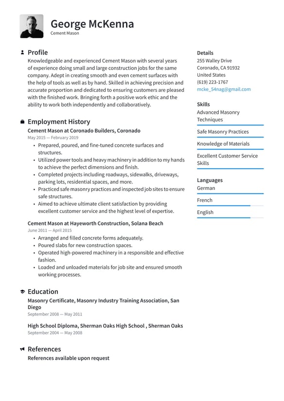 Cement Mason  resume example