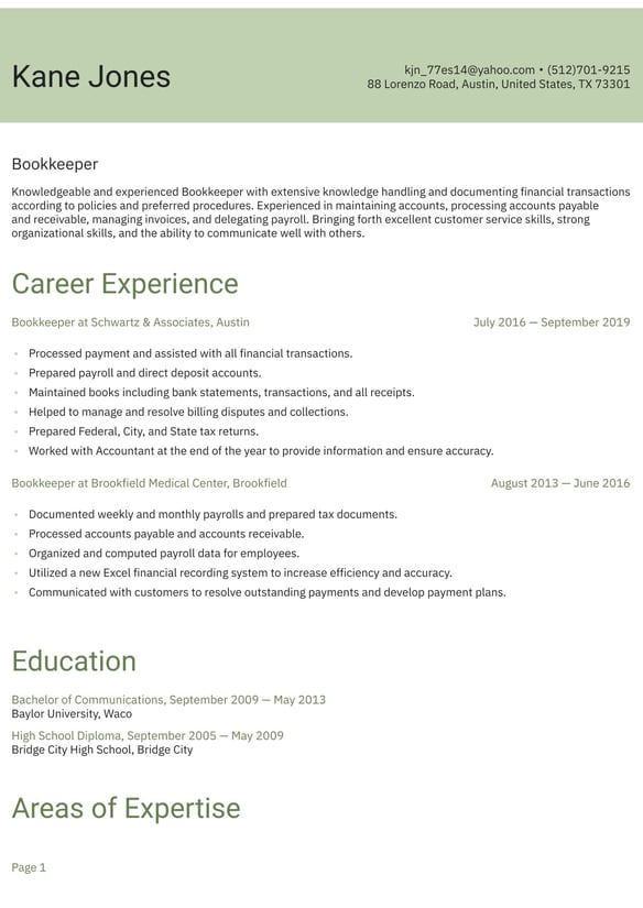 Bookkeeper resume example