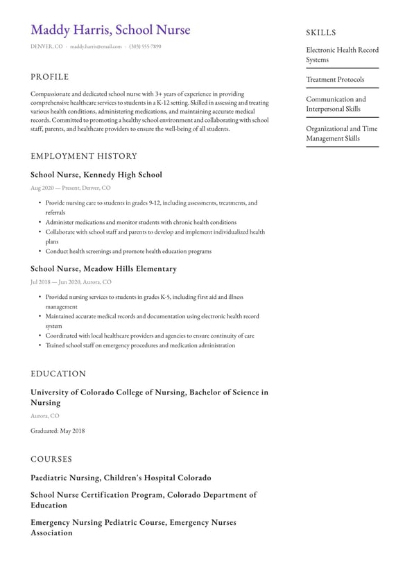 School Nurse resume example