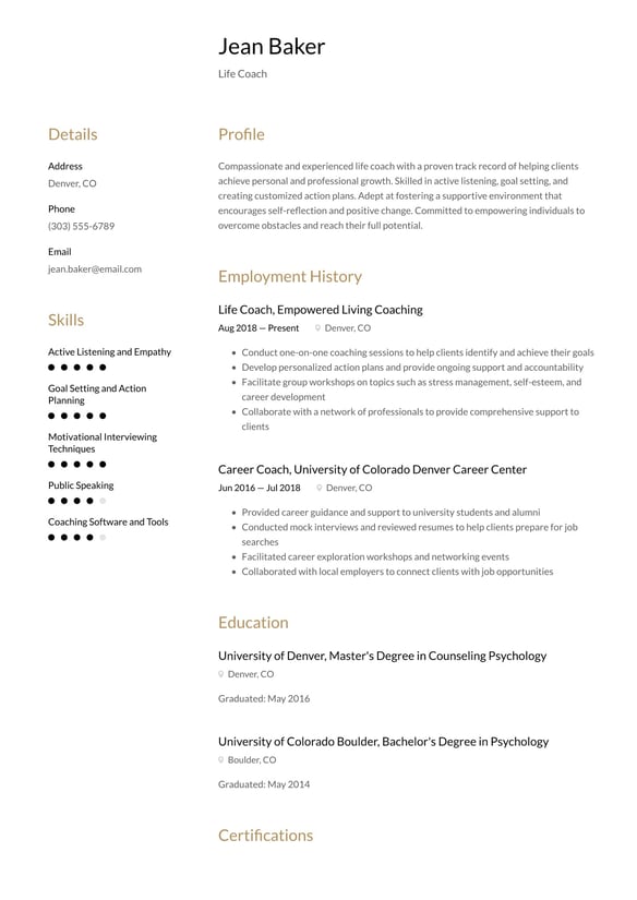 Life Coach resume example